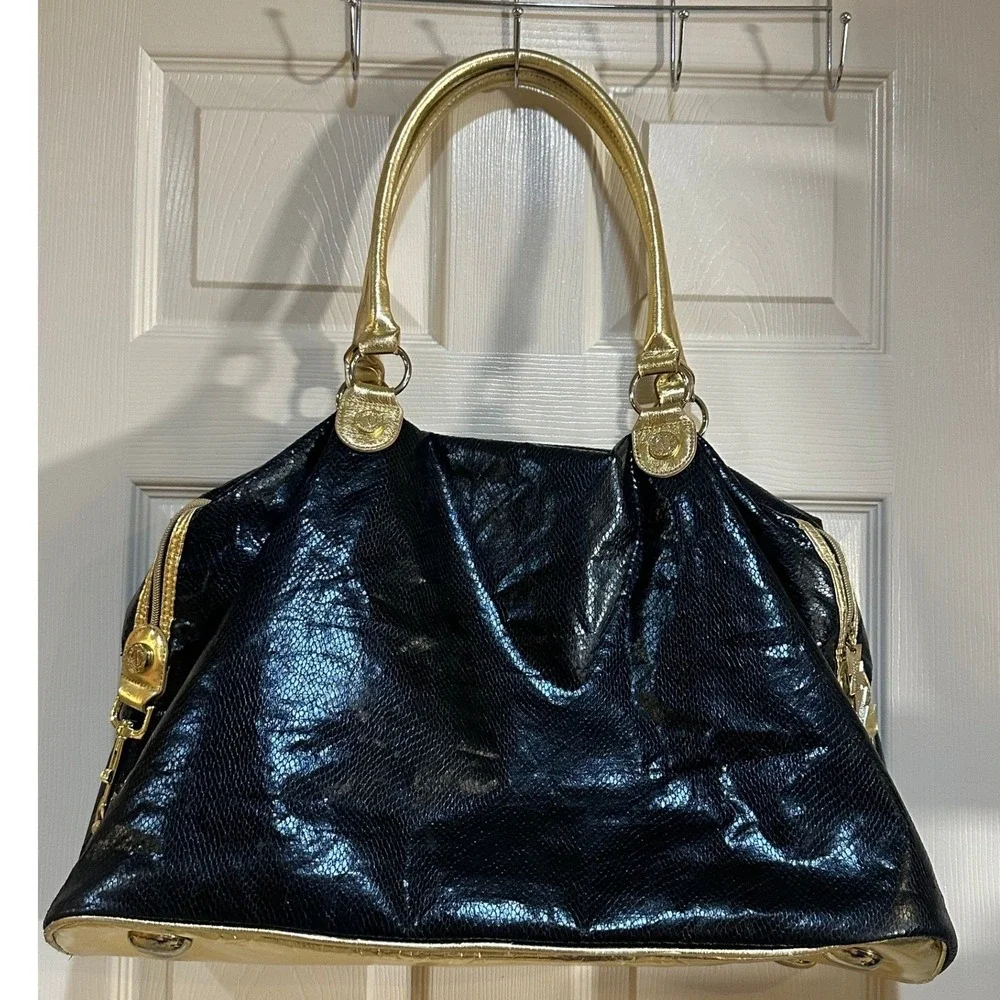 Betseyville Betsey Johnson Black Gold Snake Embossed Lightning Bolt Satchel Bag